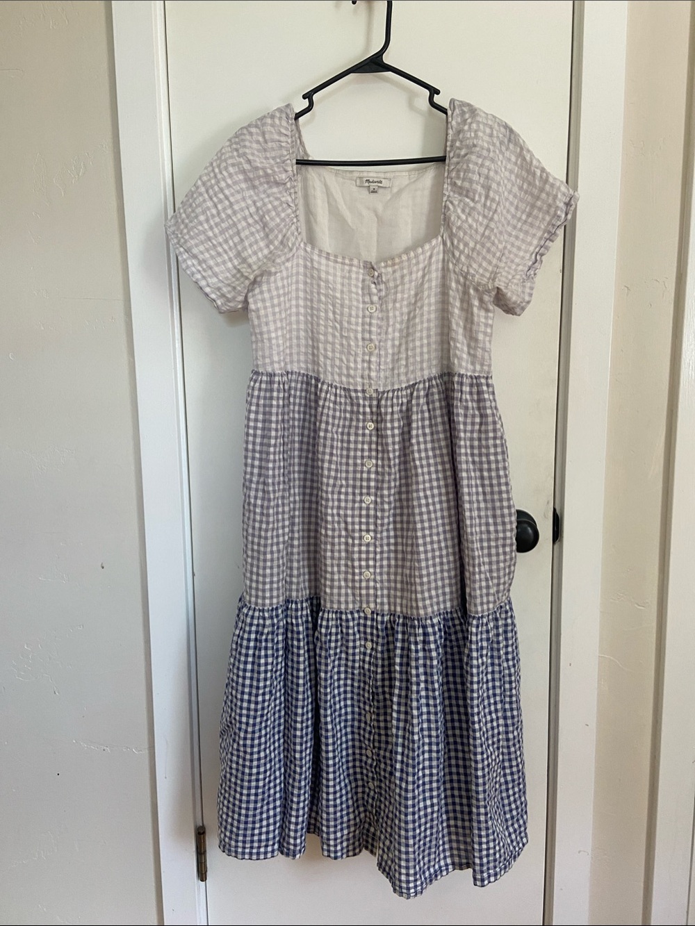 Madewell Blue Gingham Tiered Midi Dress